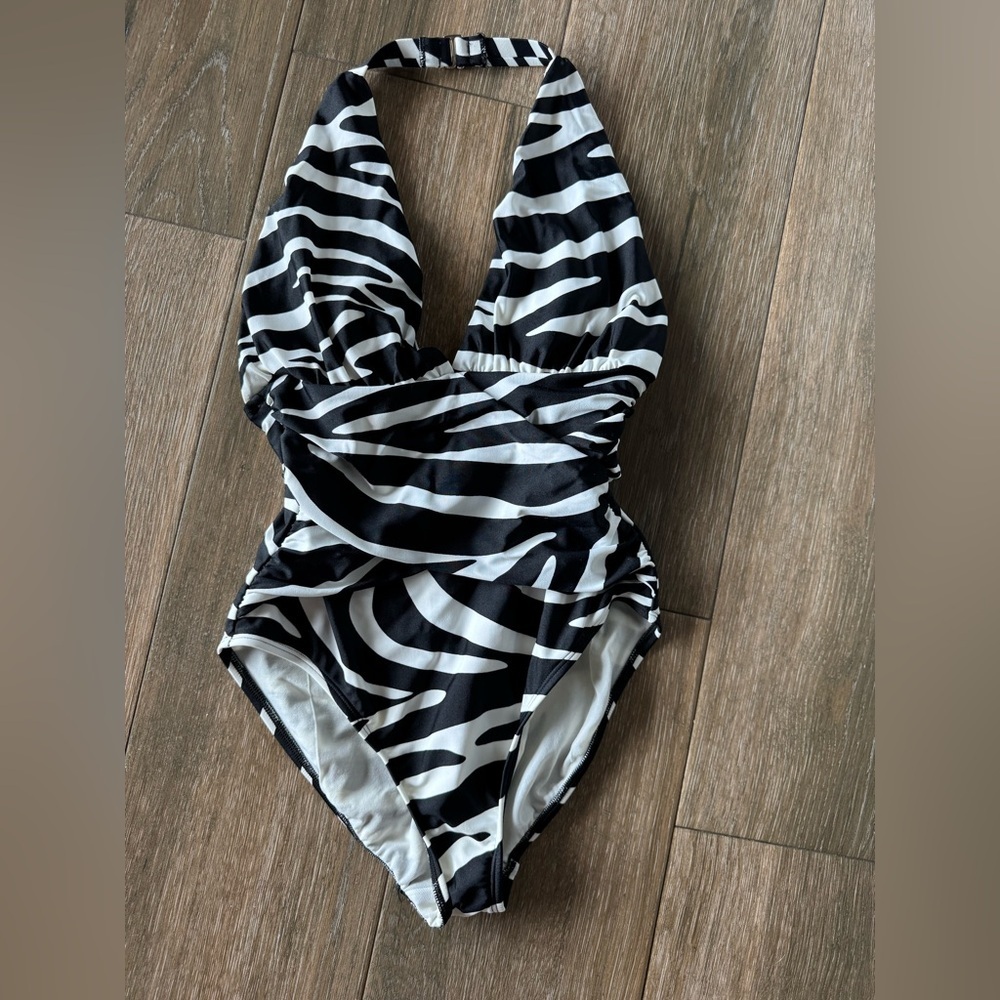 Talbots zebra print one piece, cross front, lined swimsuit size 10